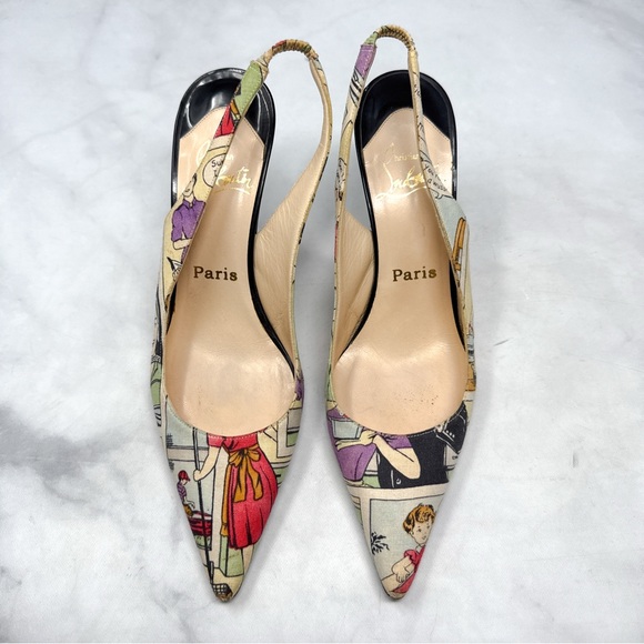 Christian Louboutin Vintage Retro Comic Print Slingback Pointed Toe Pumps Heels - Picture 3 of 15
